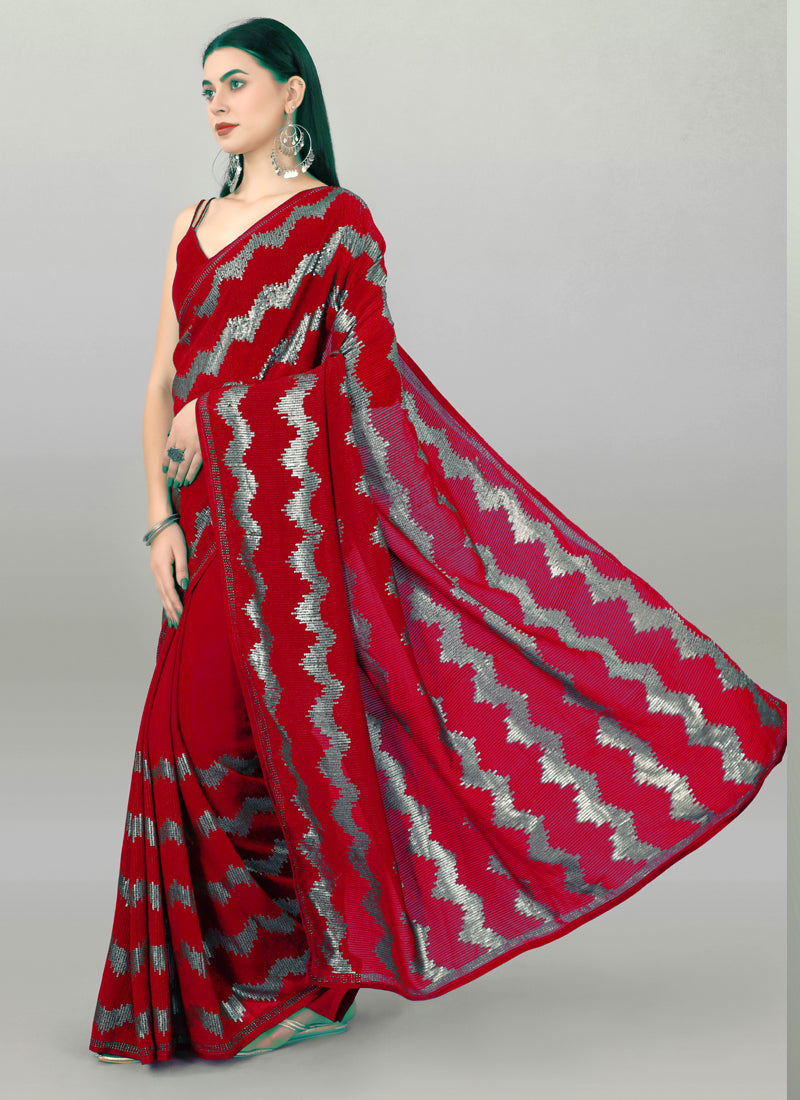 Red Georgette Sequins Saree