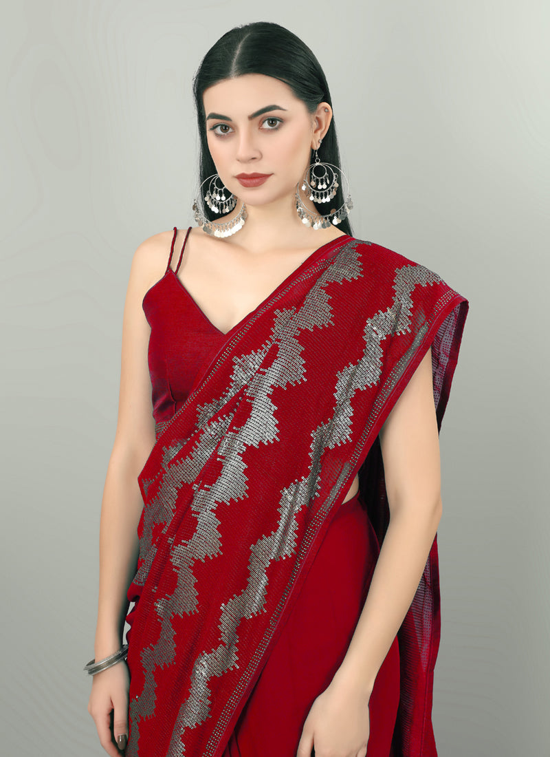 Red Georgette Sequins Saree