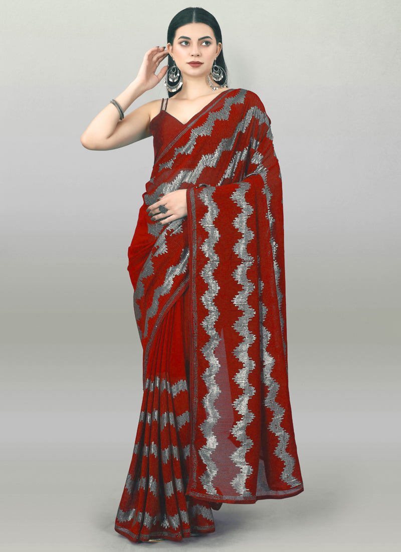 Red Georgette Sequins Saree