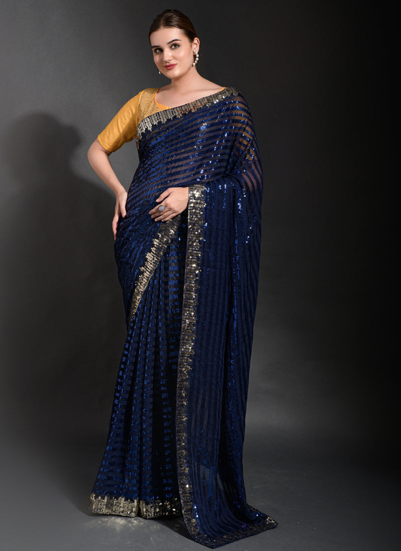 Navy Blue Georgette Sequins Saree