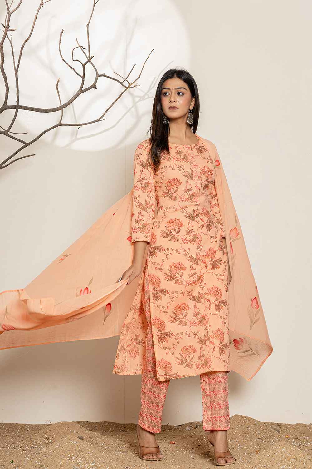 Orange Floral Print Sequins Work Pure Cotton Kurta Set