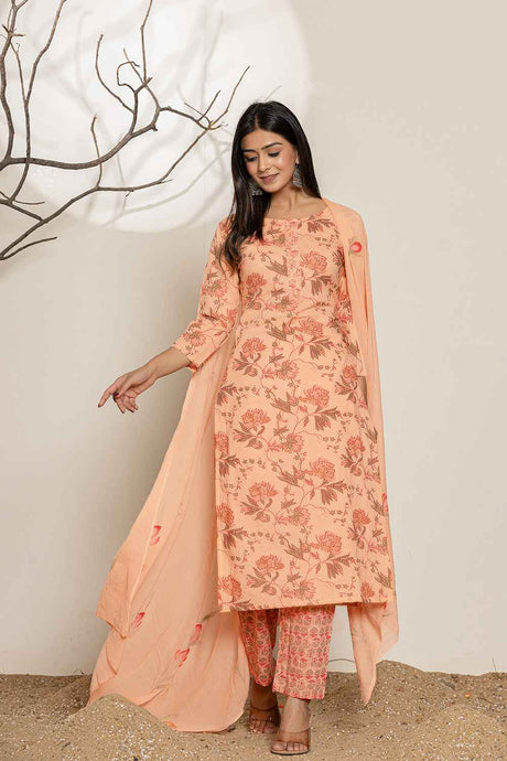 Orange Floral Print Sequins Work Pure Cotton Kurti Set