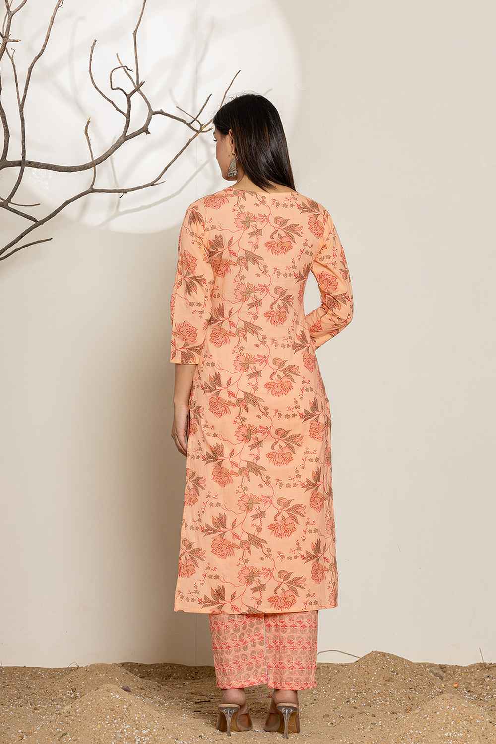 Orange Floral Print Sequins Work Pure Cotton Kurta Set