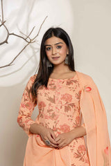 Orange Floral Print Sequins Work Pure Cotton Kurti Set