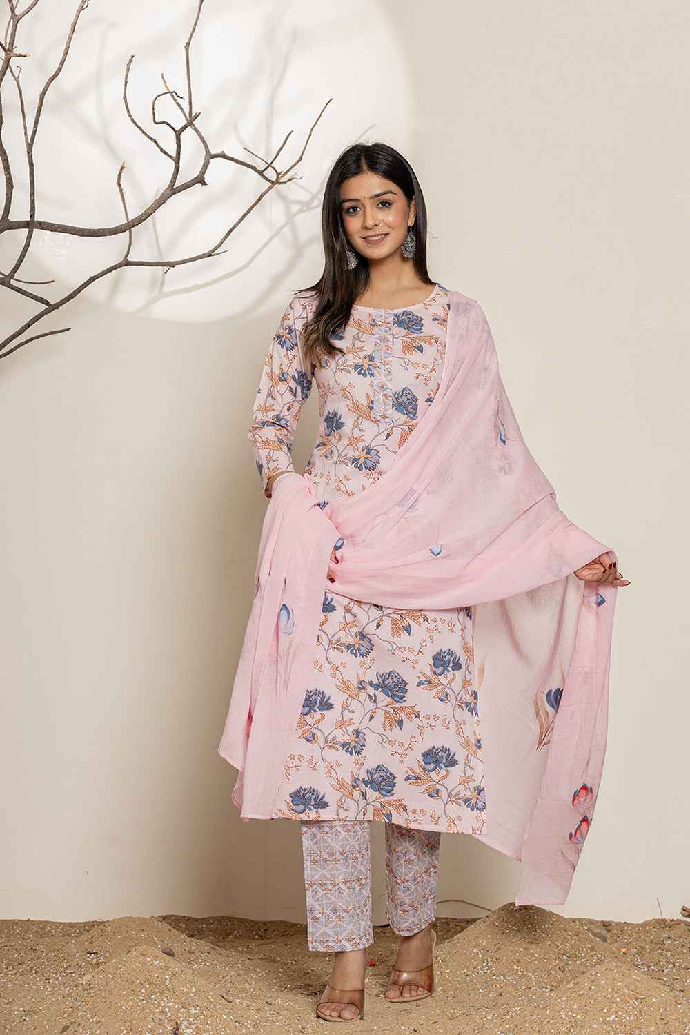 Pink Floral Print Sequins Work Pure Cotton Kurta Set