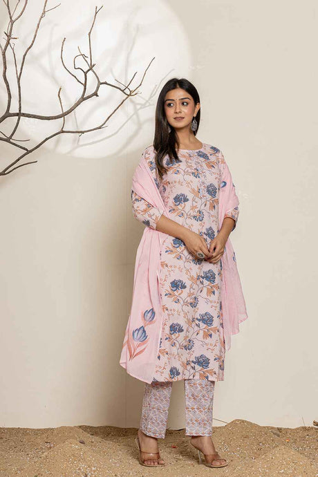 Pink Floral Print Sequins Work Pure Cotton Kurta Set