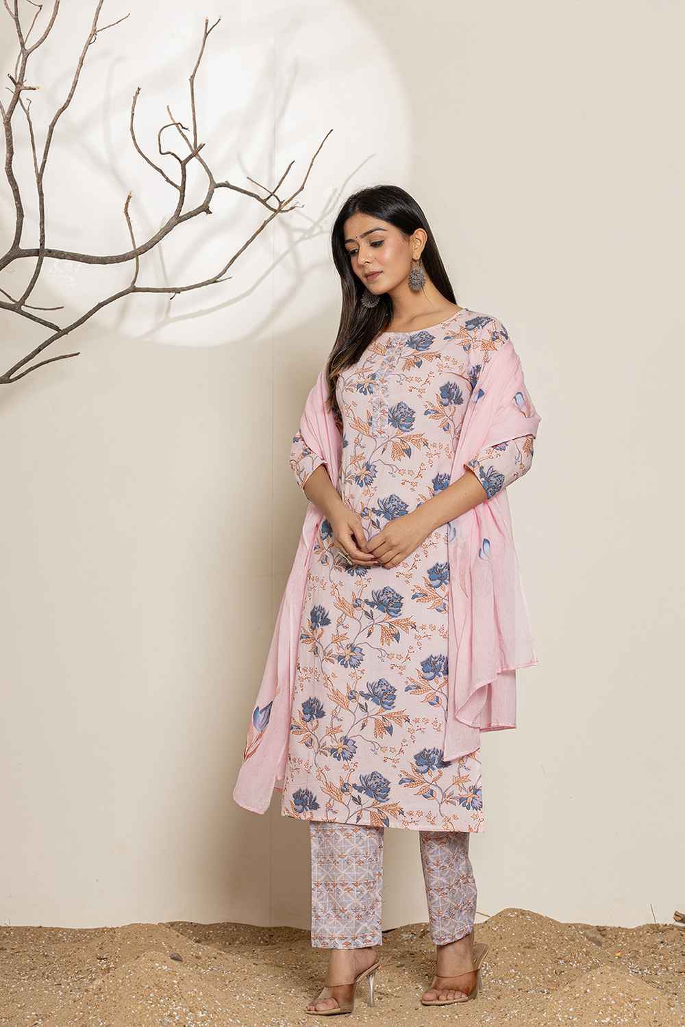 Pink Floral Print Sequins Work Pure Cotton Kurta Set