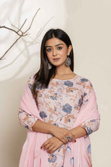 Pink Floral Print Sequins Work Pure Cotton Kurta Set