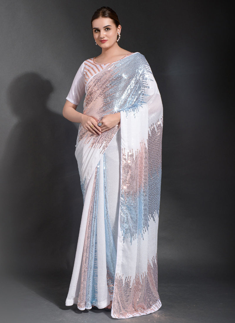 White Georgette Sequins Embroidered Saree