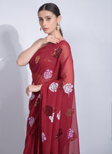 Red Georgette Flower Sequins Saree