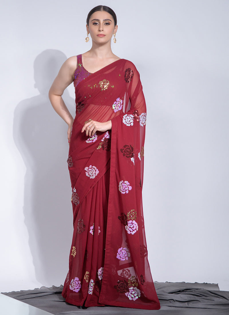 Red Georgette Flower Sequins Saree