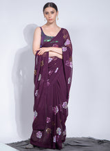 Wine Georgette Flower Sequins Saree