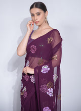 Wine Georgette Flower Sequins Saree