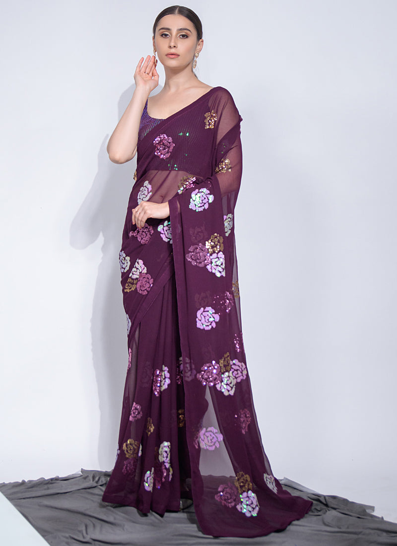 Wine Georgette Flower Sequins Saree