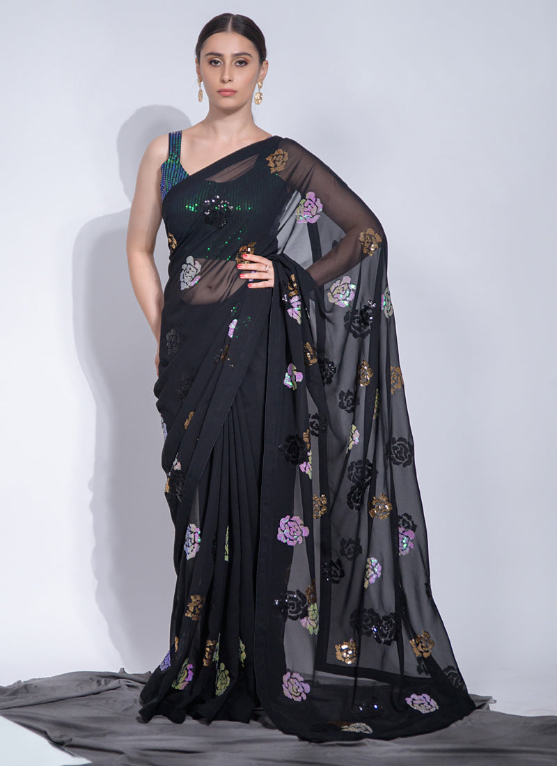 Navy Blue Georgette Flower Sequins Saree