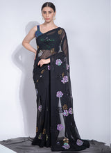 Navy Blue Georgette Flower Sequins Saree