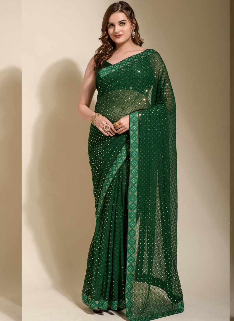 Green Georgette Sequins Saree