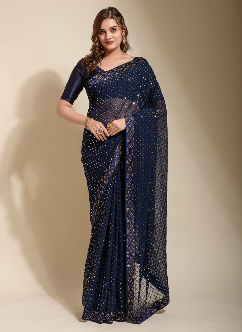 Blue Georgette Sequins Saree