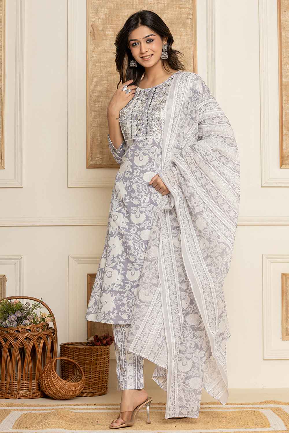 White Floral Print Embroidered Rayon Kurta Set