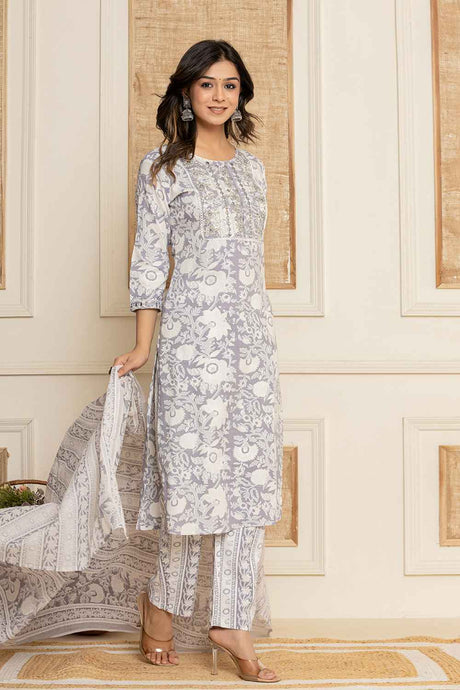 White Floral Print Embroidered Rayon Kurta Set