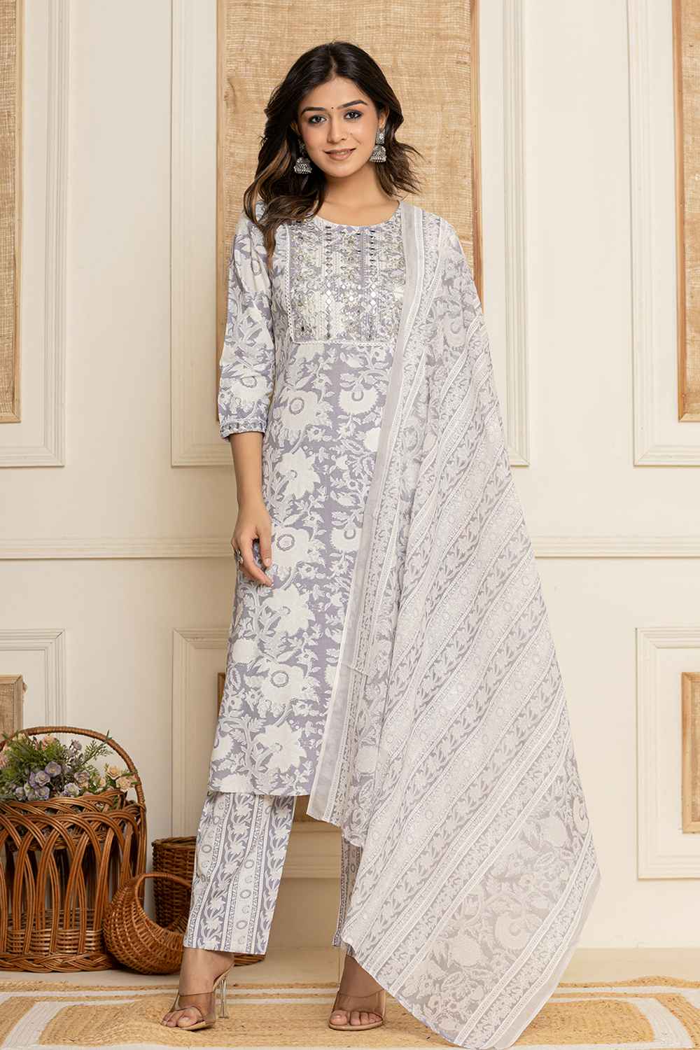 White Floral Print Embroidered Rayon Kurta Set