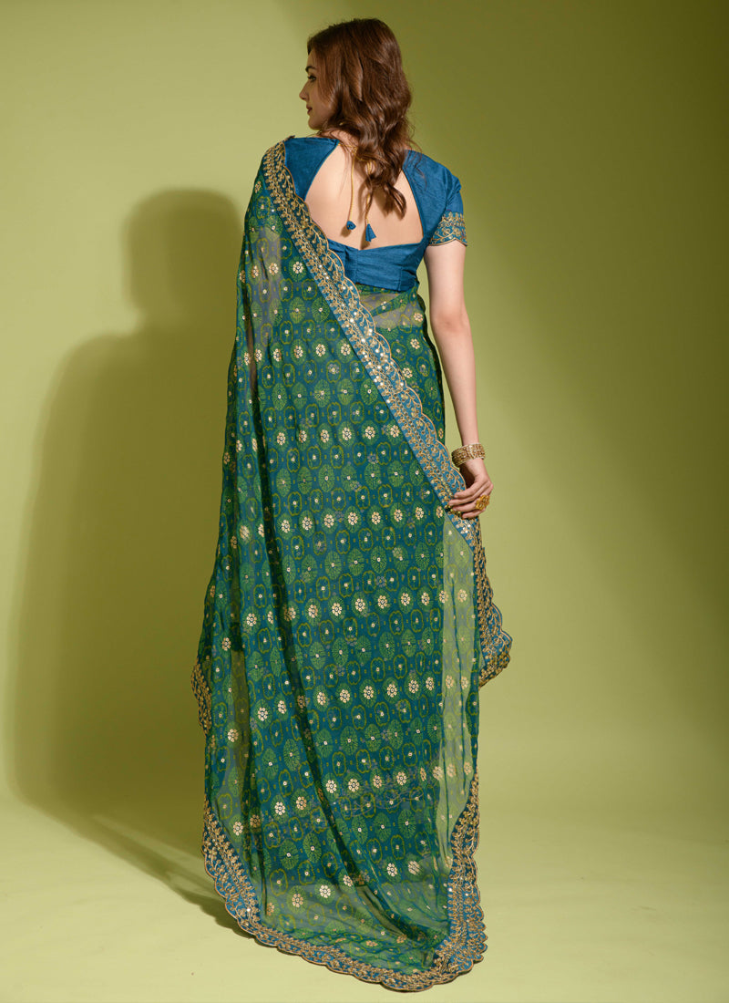 Green Georgette Chiffon Flower Print Saree