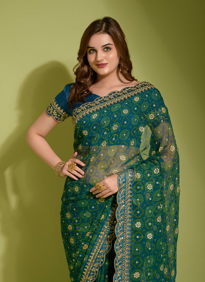 Green Georgette Chiffon Flower Print Saree