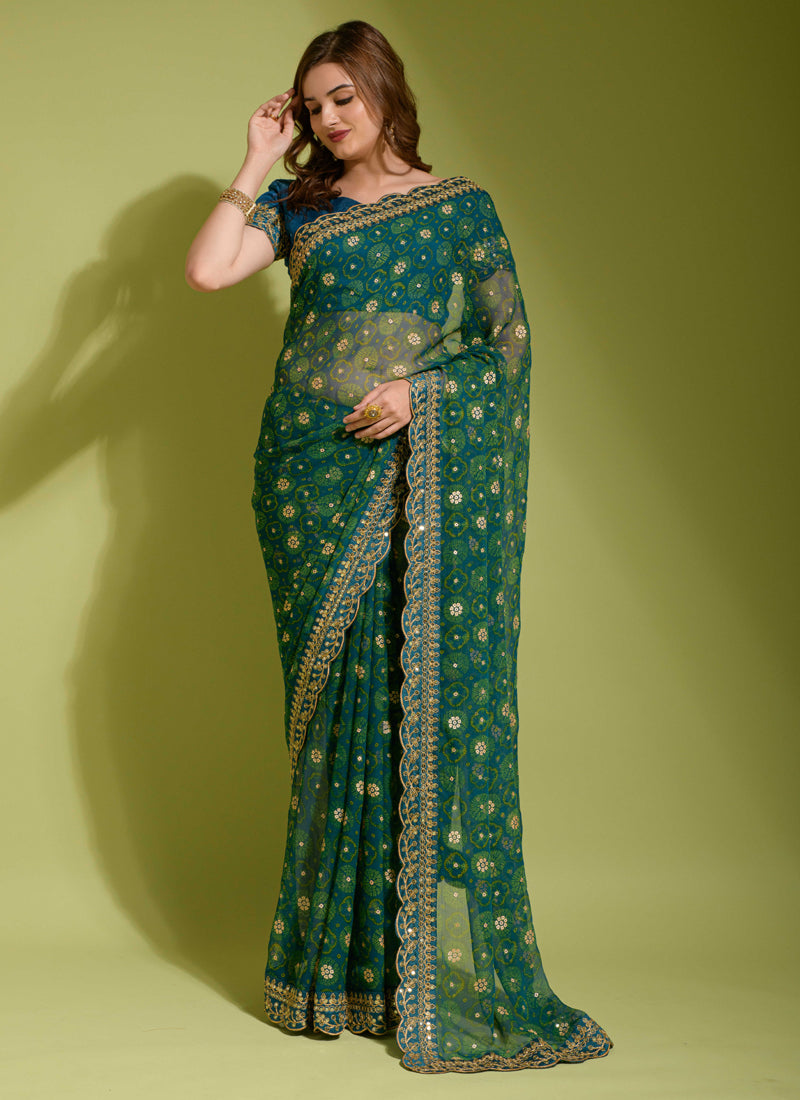 Green Georgette Chiffon Flower Print Saree