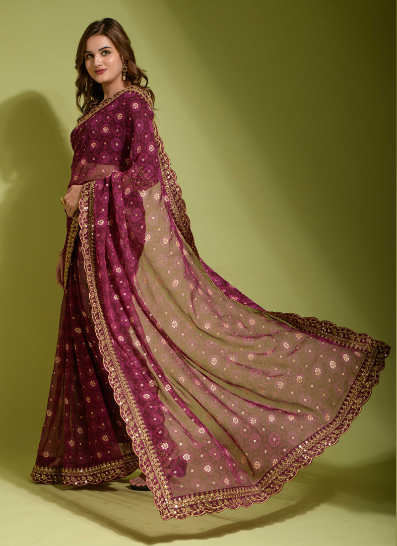 Wine Georgette Chiffon Flower Print Saree