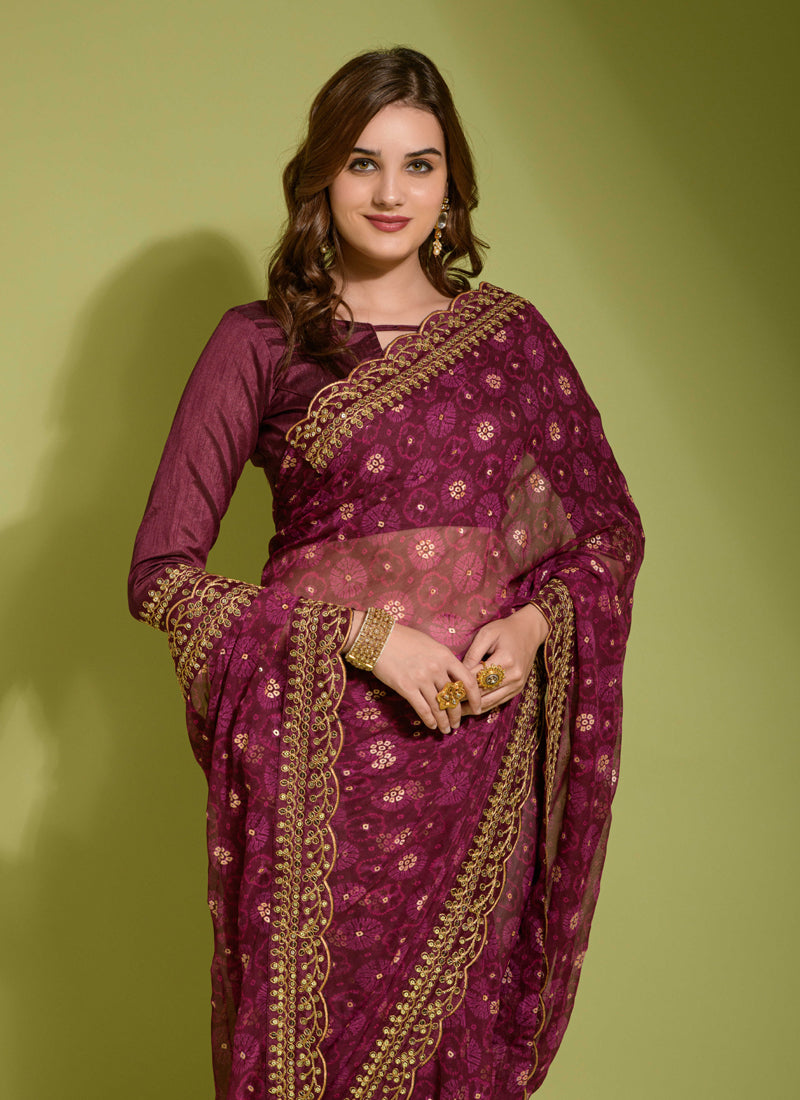 Wine Georgette Chiffon Flower Print Saree