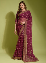 Wine Georgette Chiffon Flower Print Saree