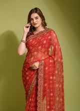 Orange Georgette Chiffon Flower Print Saree