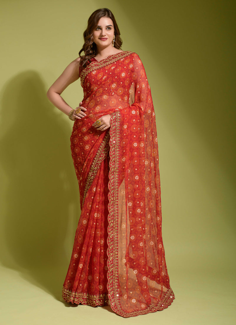 Orange Georgette Chiffon Flower Print Saree