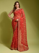 Orange Georgette Chiffon Flower Print Saree