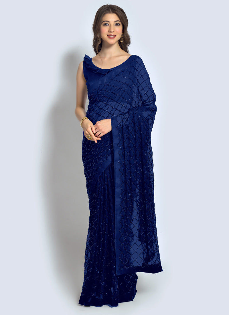 Blue Georgette Sequins Saree