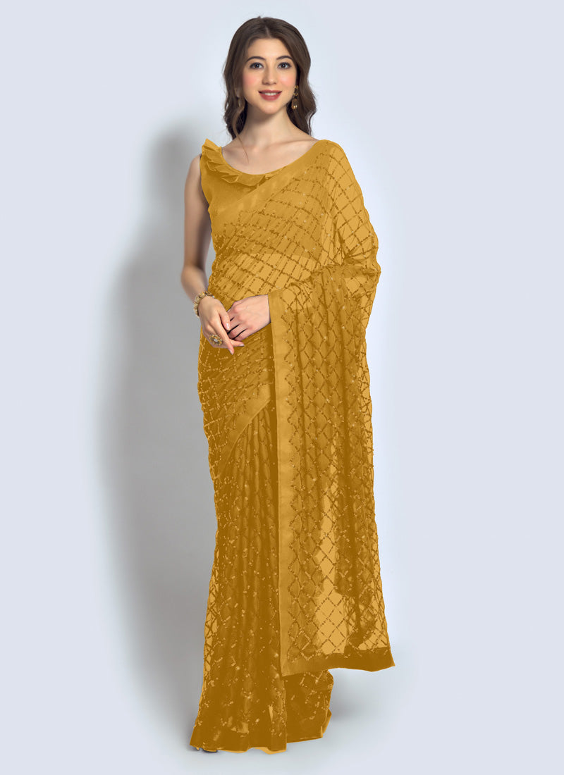 Yellow Georgette Sequins Saree