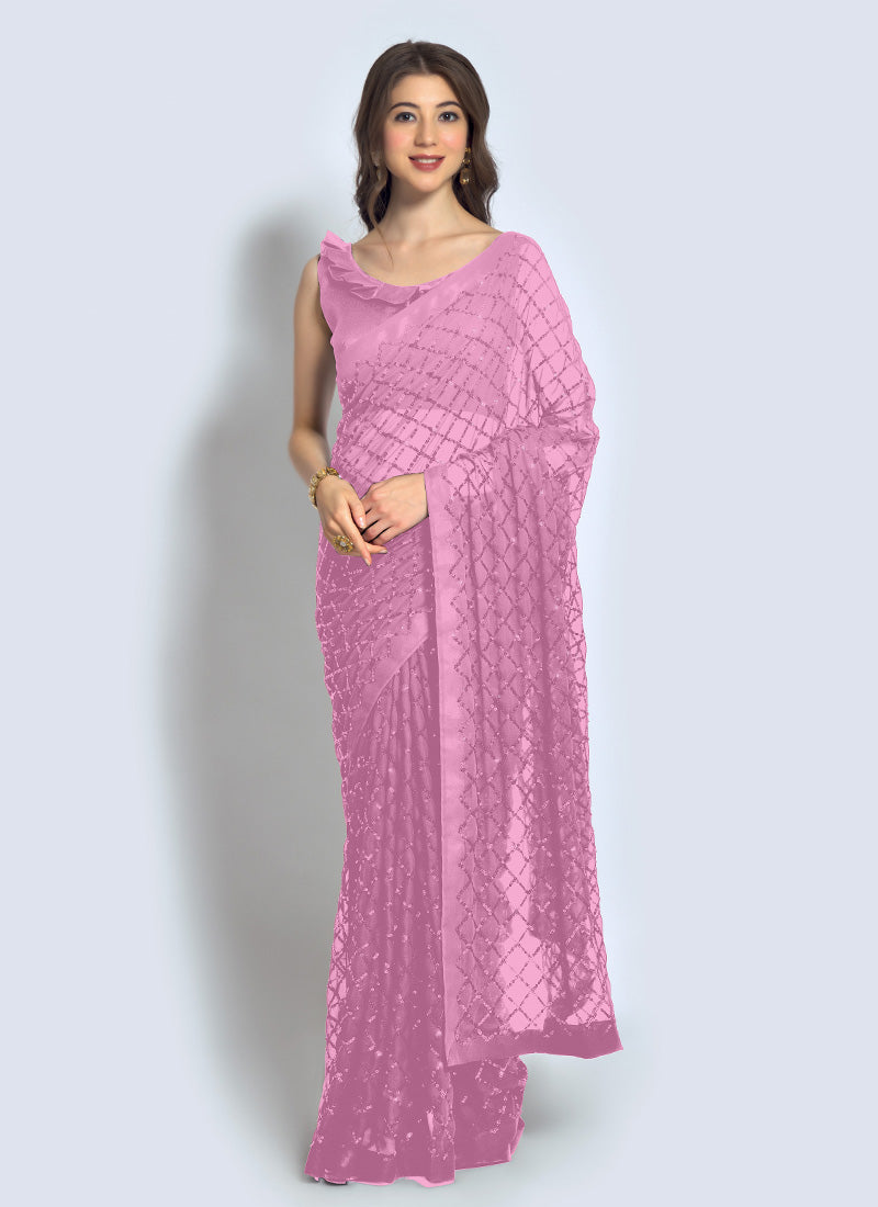 Pink Georgette Sequins Saree