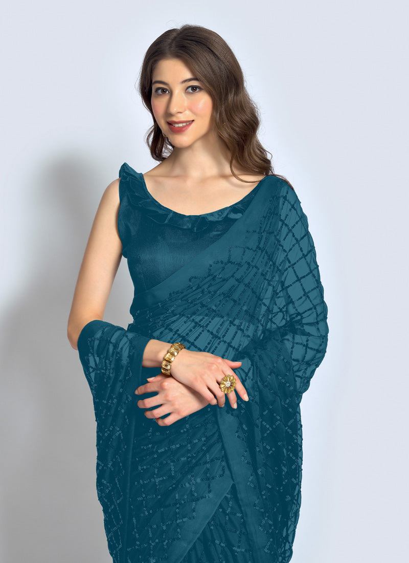 Aqua Blue Georgette Sequins Saree