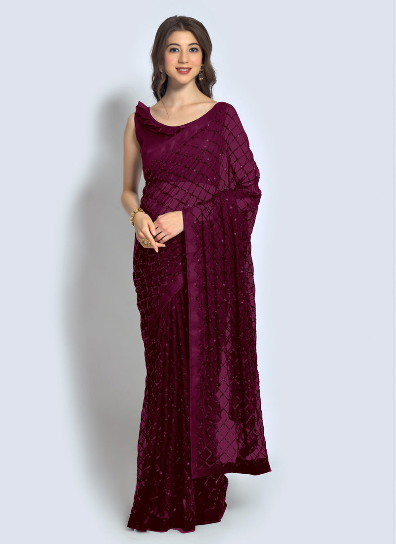 Wine Georgette Sequins Saree