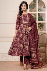 Brown Floral Print Sequins Work Pure Cotton Kurti Set