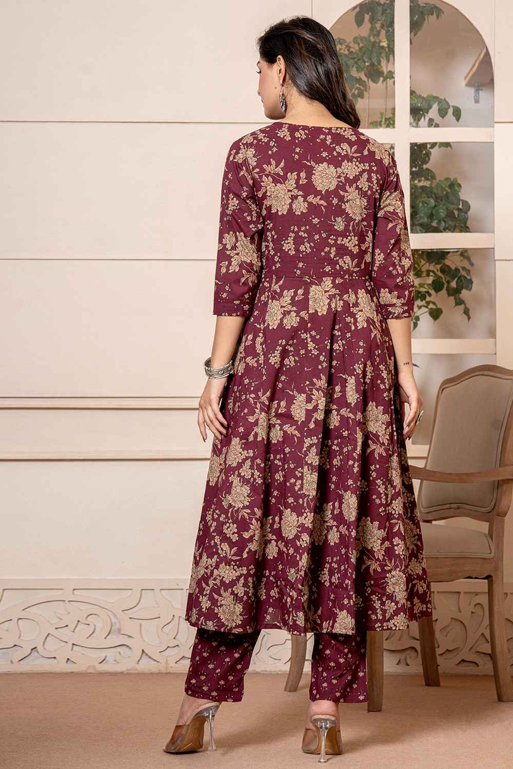 Brown Floral Print Sequins Work Pure Cotton Kurti Set