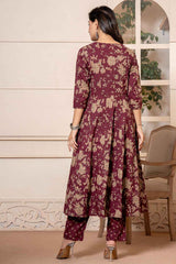 Brown Floral Print Sequins Work Pure Cotton Kurta Set