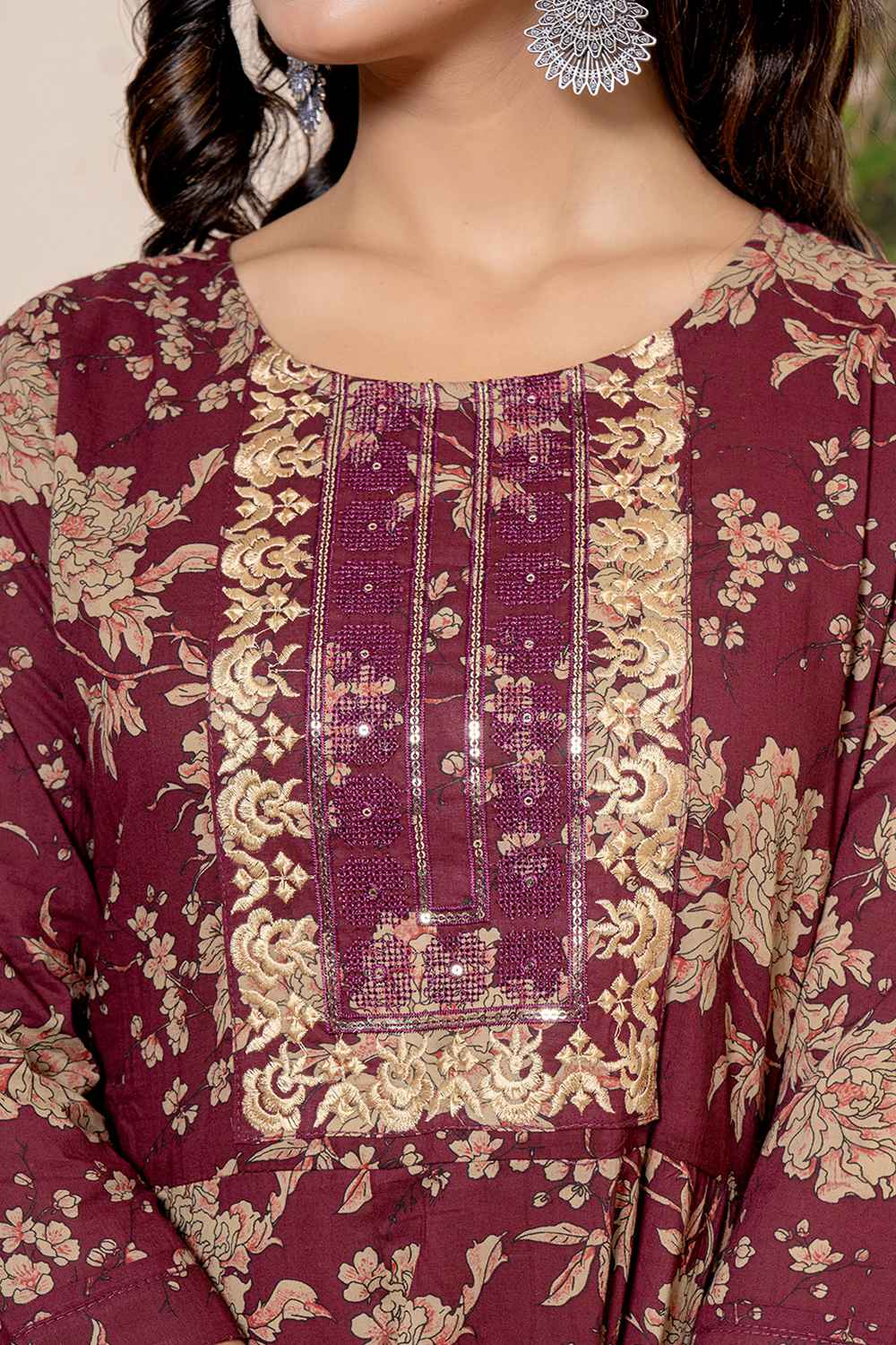 Brown Floral Print Sequins Work Pure Cotton Kurti Set