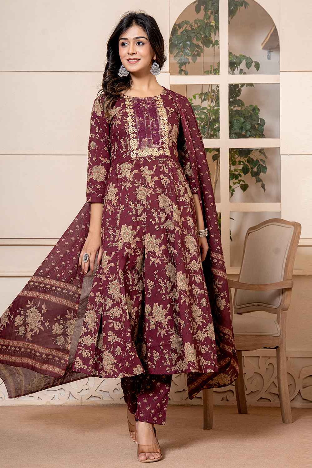 Brown Floral Print Sequins Work Pure Cotton Kurta Set