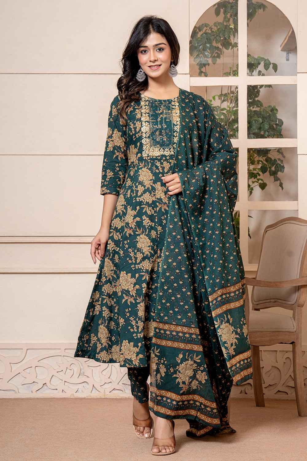 Green Floral Print Sequins Work Pure Cotton Kurta Set