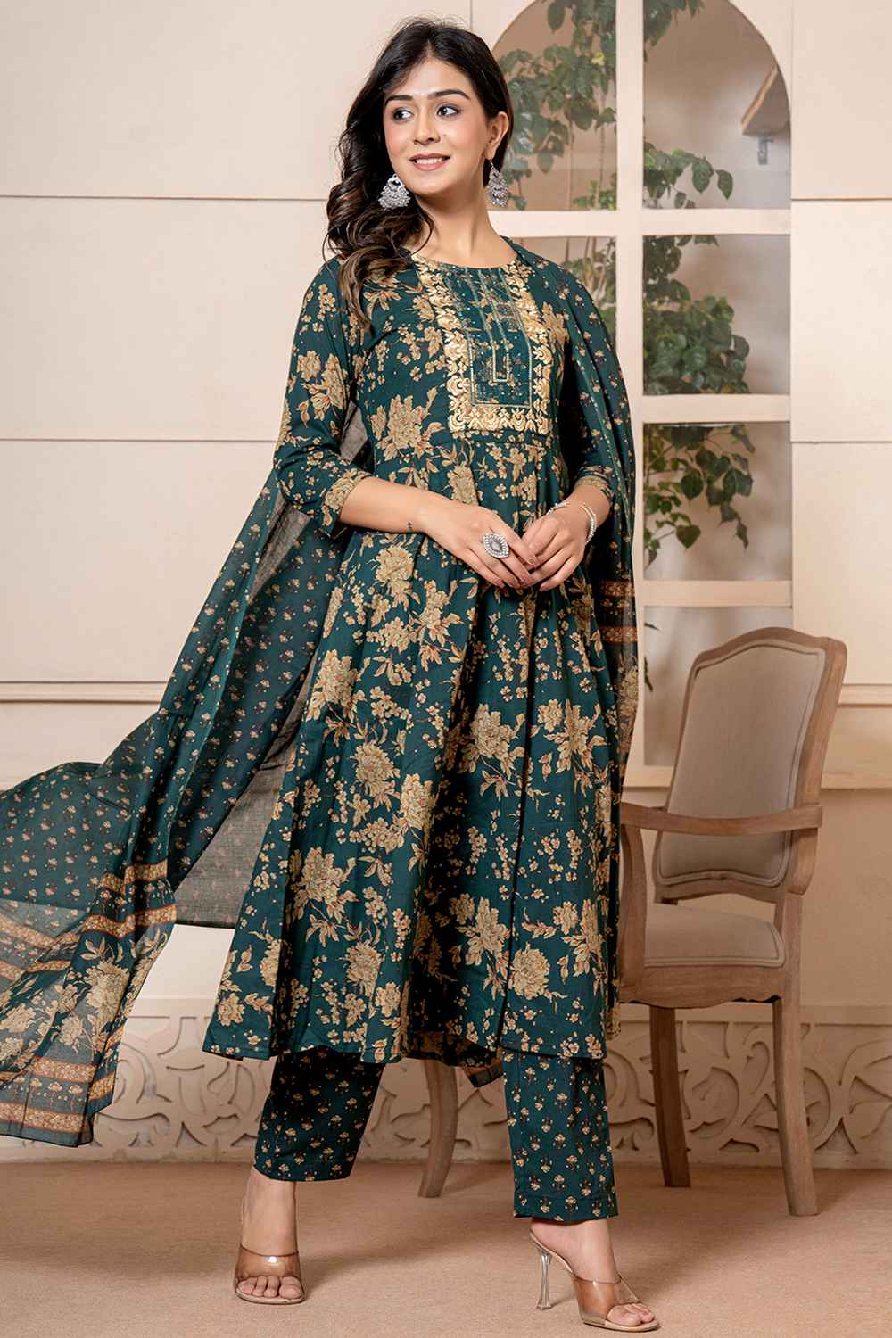 Green Floral Print Sequins Work Pure Cotton Kurta Set