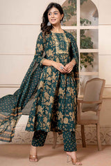 Green Floral Print Sequins Work Pure Cotton Kurta Set