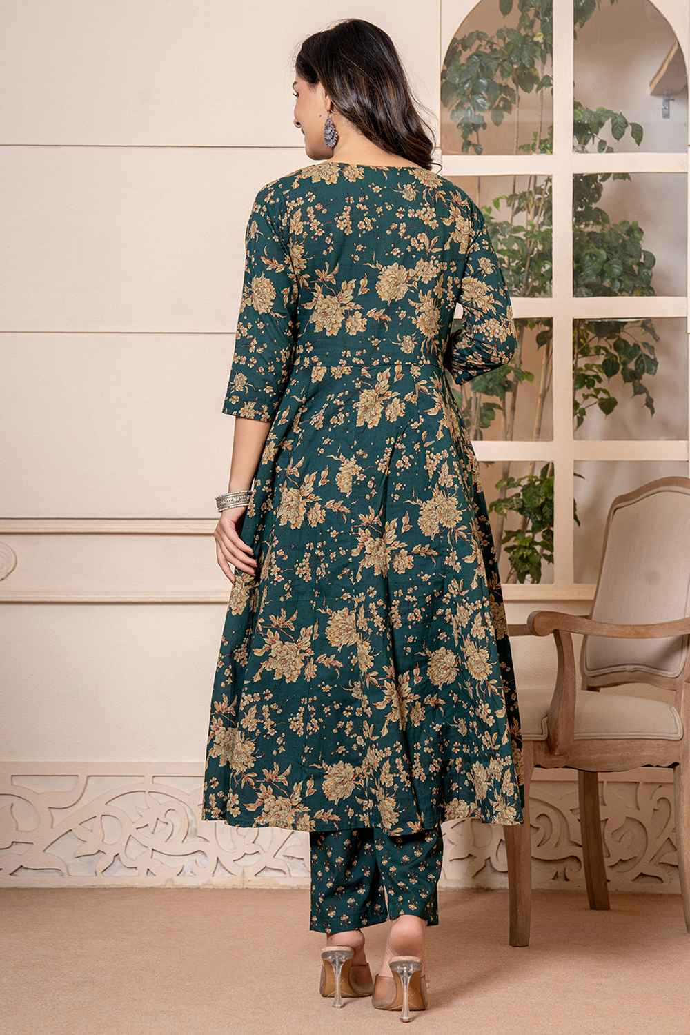 Green Floral Print Sequins Work Pure Cotton Kurta Set