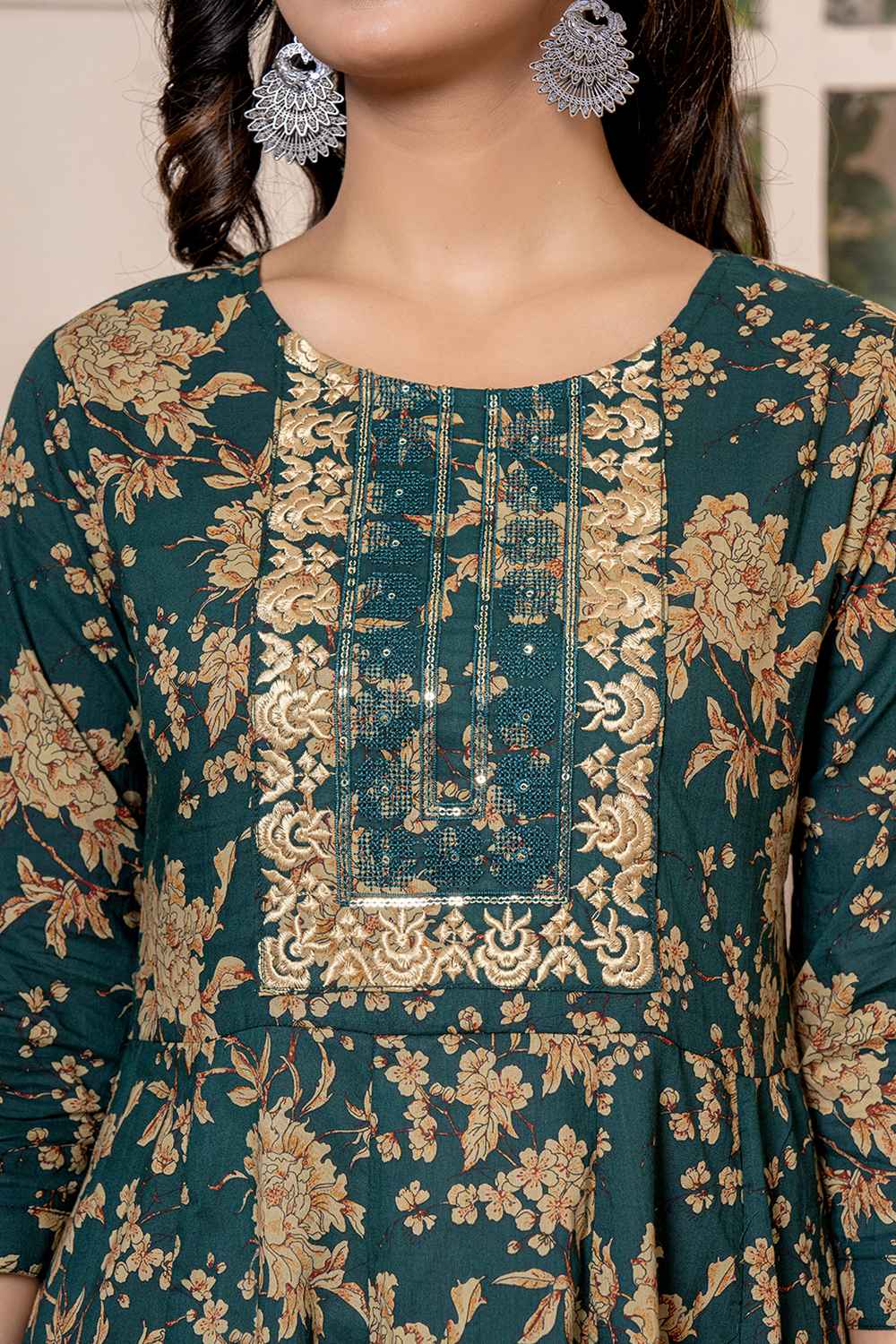 Green Floral Print Sequins Work Pure Cotton Kurta Set