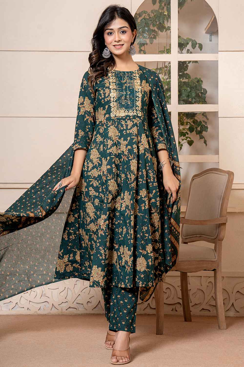 Green Floral Print Sequins Work Pure Cotton Kurta Set